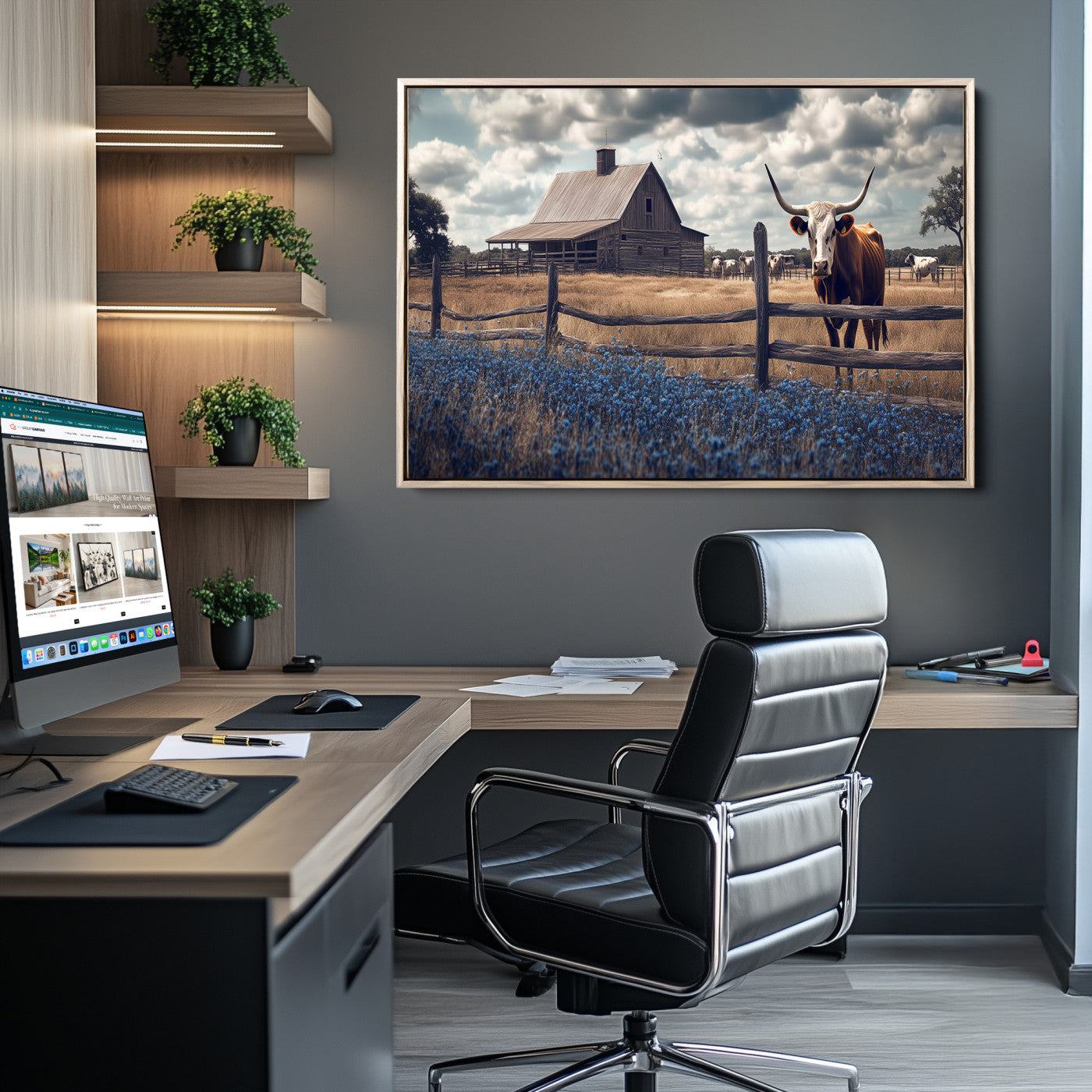 Framed canvas art of a Texas Longhorn cow near a rustic barn and bluebonnet field, ideal for country-style or farmhouse wall decor.