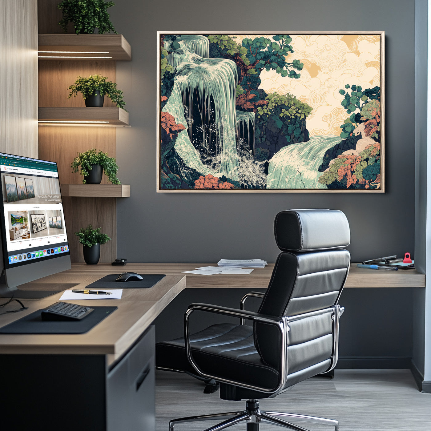 Stylized waterfall flowing through rocky terrain and lush foliage in an oriental art style, ideal for peaceful and nature-themed interiors.