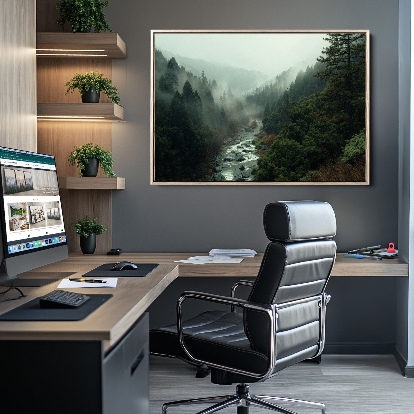 Misty Forest Wall Art Canvas Print, Framed Foggy River Art Picture Print, Moody Landscape Perfect Wilderness Decor Artwork