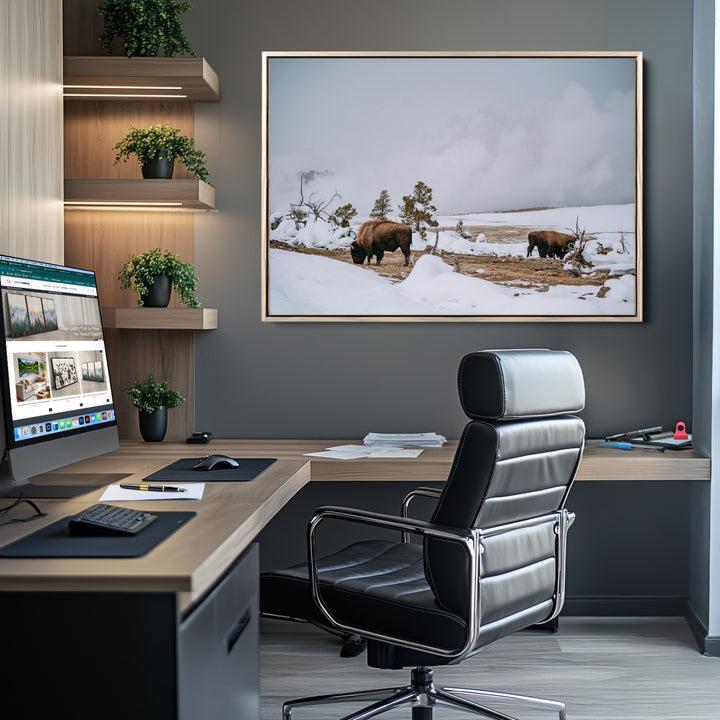 Bison Wildlife Wall Art Canvas Print, Framed Snowy Prairie Art Picture Print, Western Perfect Rustic Decor Artwork