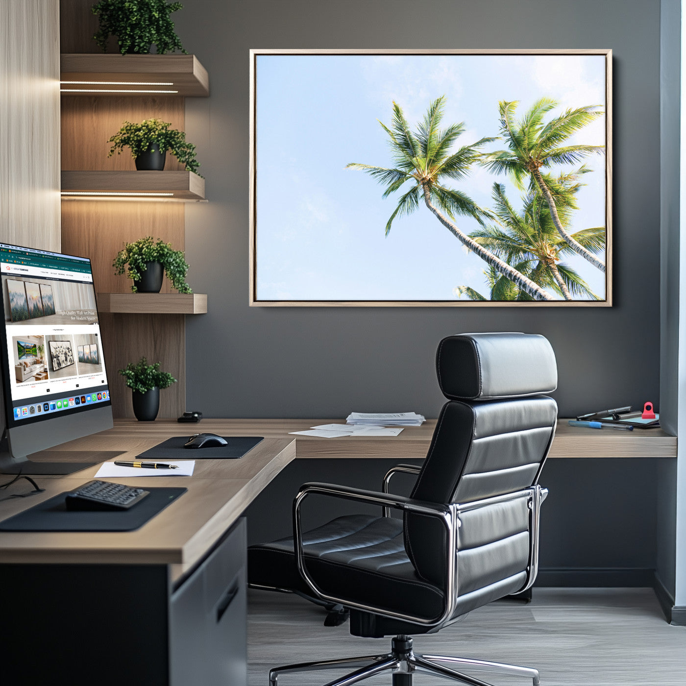 Tall palm trees swaying under a bright blue sky, capturing a tropical and minimalist beach vibe, perfect for coastal-inspired wall art.