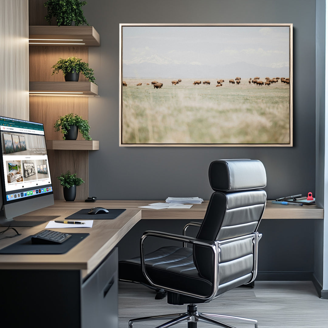 Bison Herd Wall Art Canvas Print, Framed Western Art Picture Print, Bison Perfect Ranch Decor Artwork