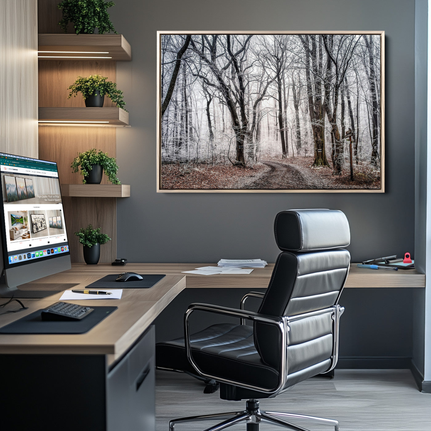 Snow-covered trees in a misty winter forest with a winding path, creating a serene and mysterious atmosphere, perfect for nature-inspired wall art.