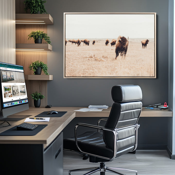 Bison Herd Wall Art Canvas Print, Framed Western Art Picture Print, Prairie Serenity Perfect Ranch Decor Artwork