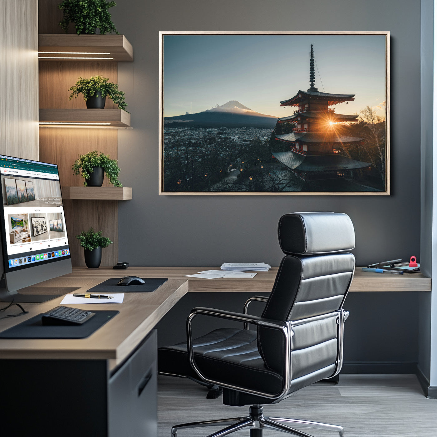 Chureito Pagoda at sunset with Mount Fuji in the background, city lights below, and golden sun rays, ideal for Japanese-inspired wall art.