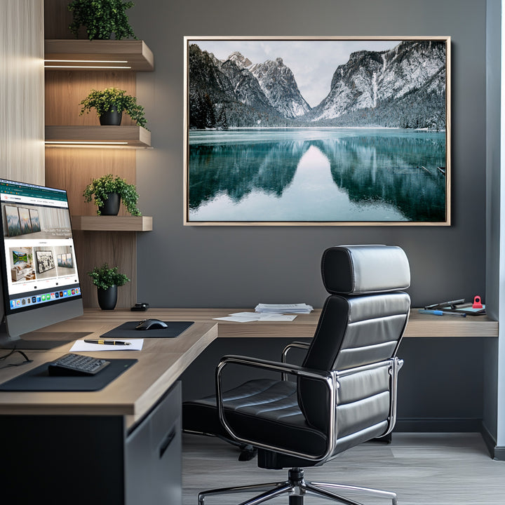 Mountain Lake Wall Art Canvas Print, Framed Winter Wonderland Art Picture Print, Snowy Peaks Perfect Modern Nature Decor Artwork