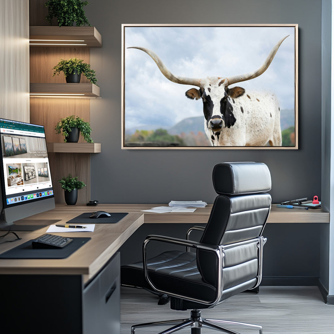 Texas Longhorn Wall Art Canvas Print, Framed Western Rustic Art Picture Print, Farmhouse Decor Perfect Farmhouse Decor Artwork