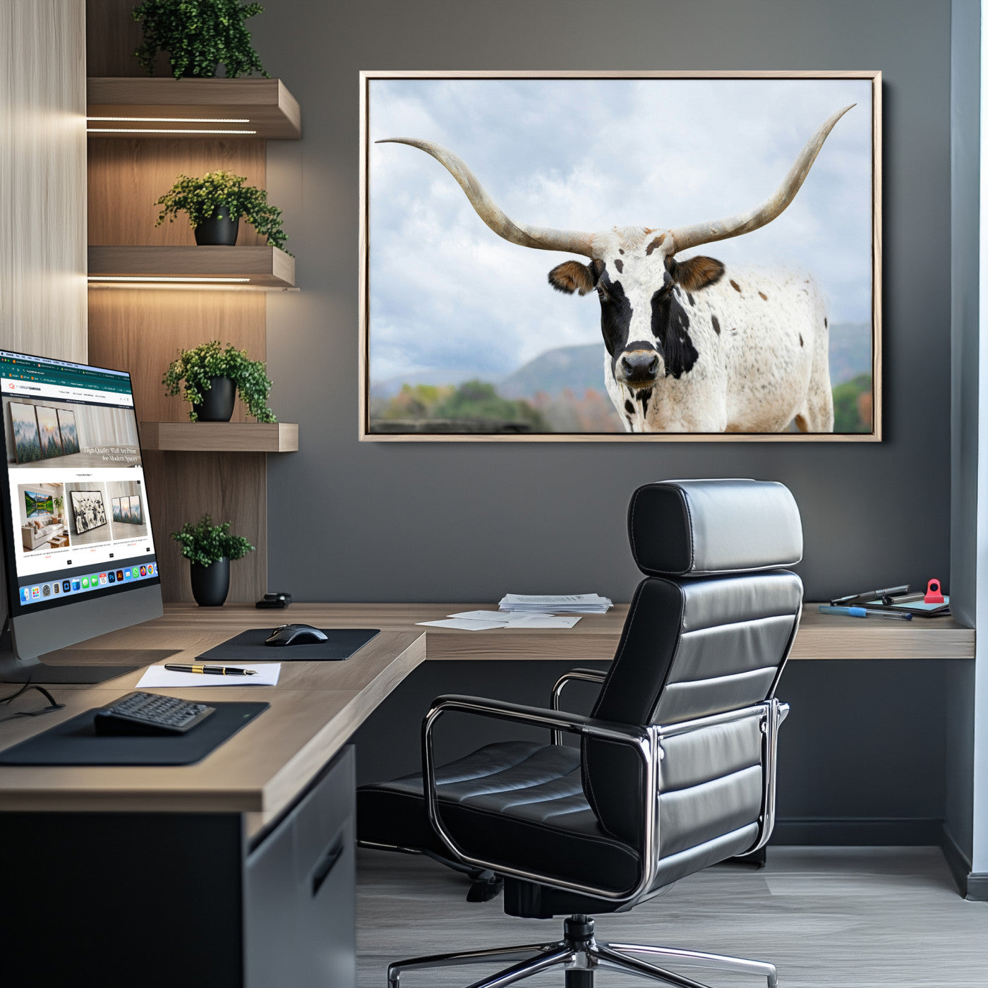 Close-up of a Texas Longhorn with curved horns, black and white markings, set against a cloudy sky and distant hills, perfect for rustic decor.