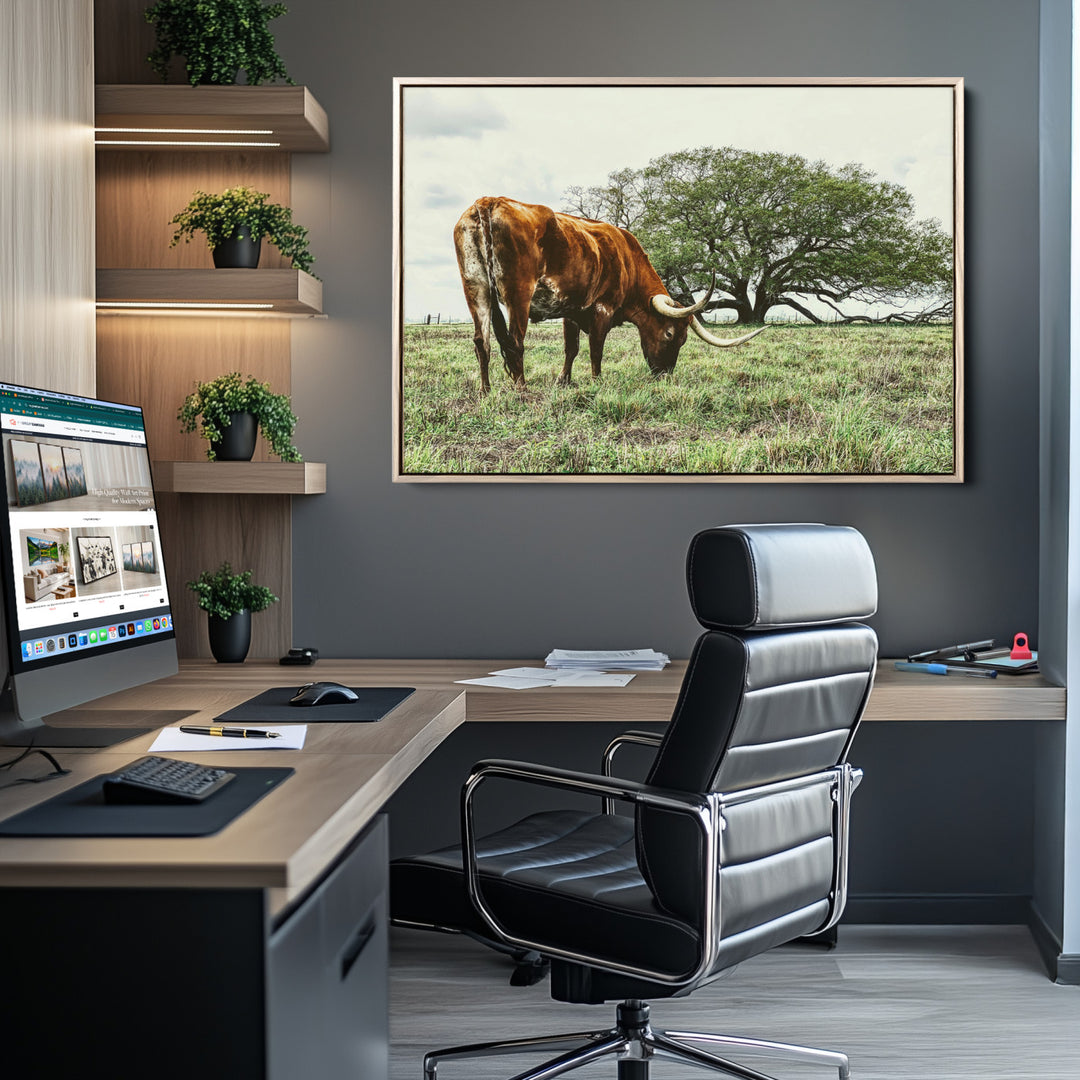 Texas Longhorn Wall Art Canvas Print, Framed Rustic Ranch Art Picture Print, Western Cattle Perfect Rustic Farmhouse Decor Artwork