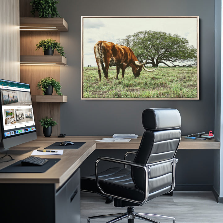 Texas Longhorn Wall Art Canvas Print, Framed Rustic Ranch Art Picture Print, Western Cattle Perfect Rustic Farmhouse Decor Artwork