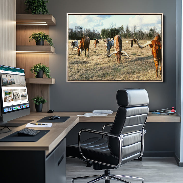 Texas Longhorns Wall Art Canvas Print, Framed Rustic Farm Scene Art Picture Print, Western Cattle Print Canvas Perfect Rustic Farmhouse