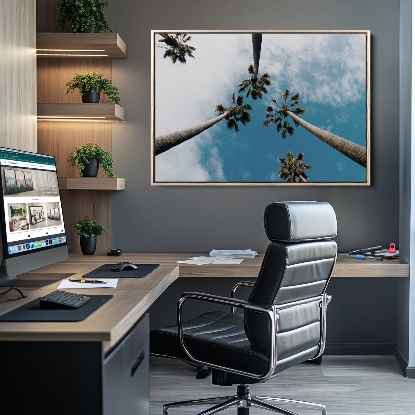 Looking up at tall palm trees against a bright blue sky with scattered clouds, creating a tropical and airy atmosphere for modern home decor.