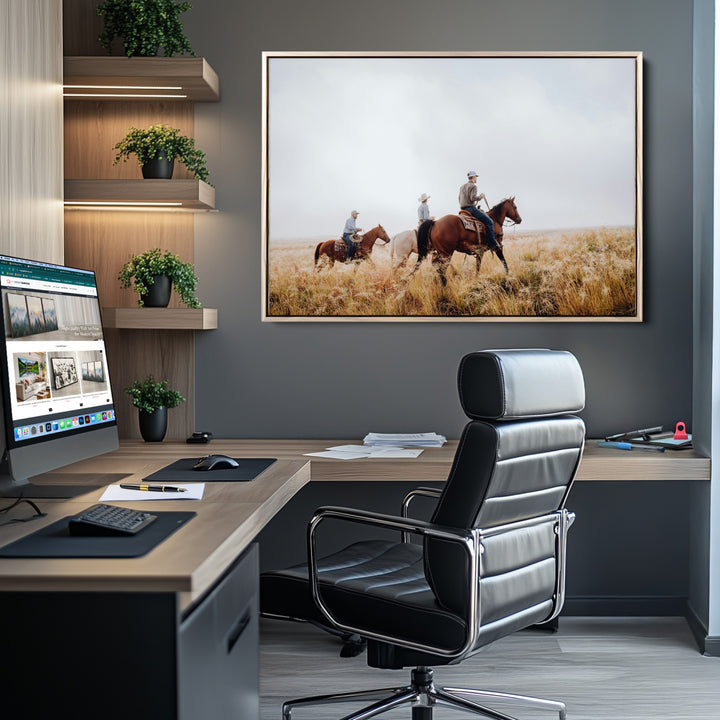 Western Cowboys Wall Art Canvas Print, Framed Rustic Prairie Art Picture Print, Horseback Riding Print Canvas, Perfect Rustic Western Decor
