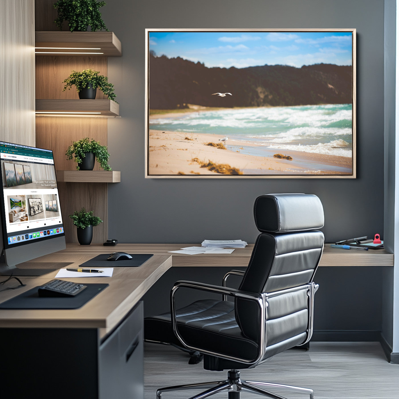 Serene beach scene with gentle ocean waves, sandy shore, and a seagull flying under a blue sky, perfect for coastal and nature-inspired decor.