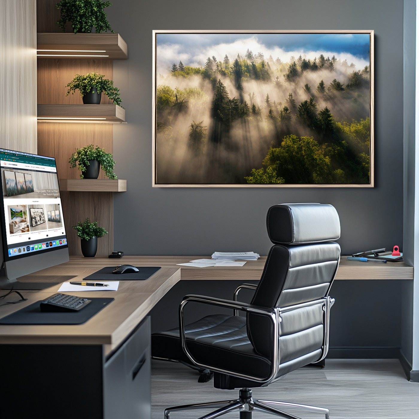 Sunlight streaming through misty pine trees in a lush green forest, creating a serene and atmospheric landscape, perfect for nature-inspired decor.