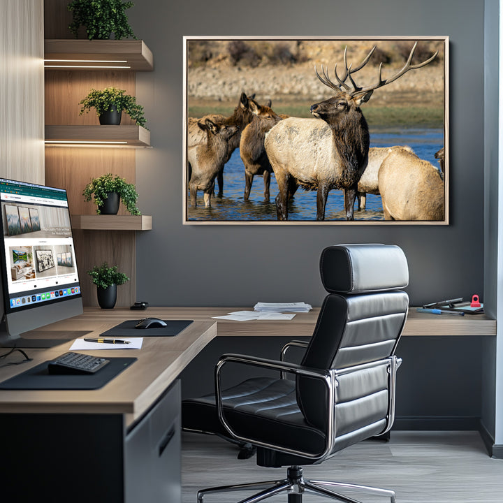 Wild Elk Photography Wall Art Canvas Print, Framed Neutral Wildlife Scene Art Picture Print, Rustic Animal Print Perfect Rustic Farmhouse
