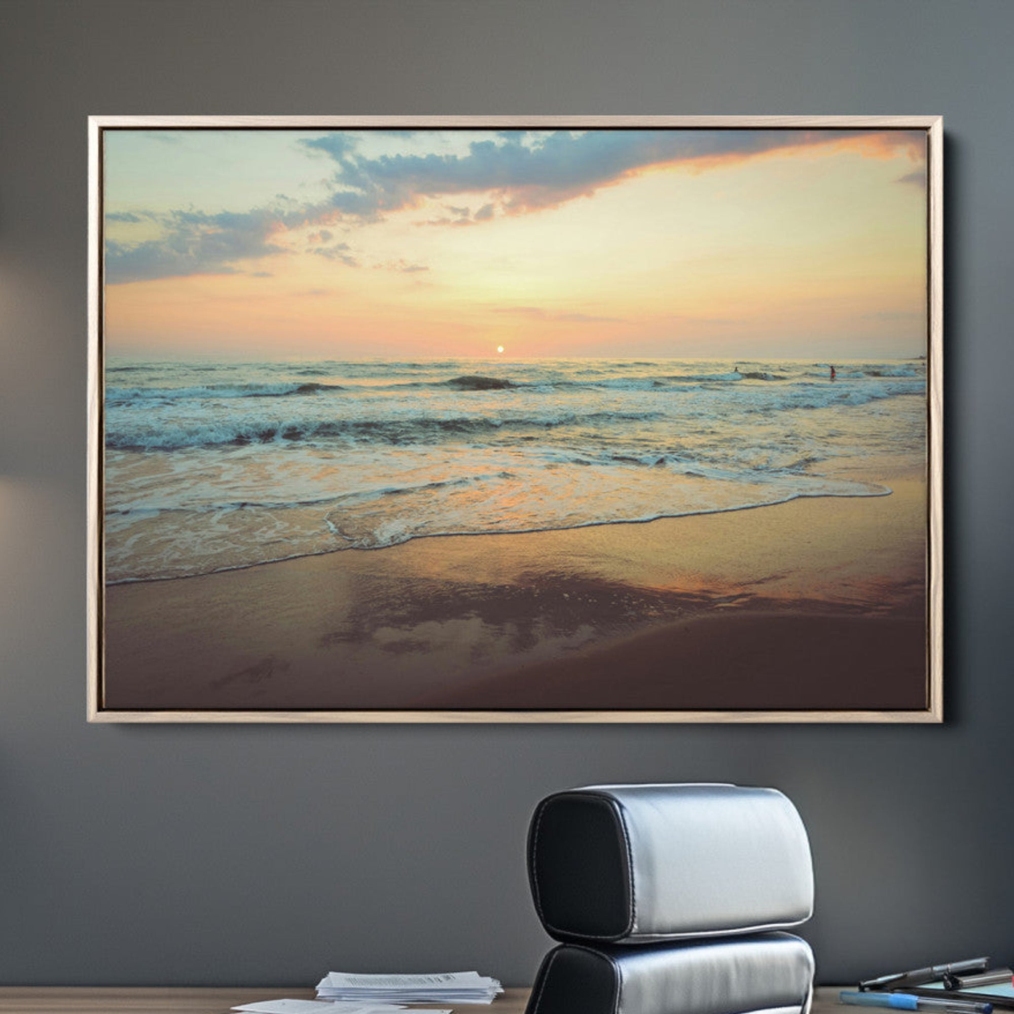 15261505-MGV-CV-36X24-Sunset Seascape Wall Art Canvas Print – Framed Pastel Ocean View Tranquil Beach Scene Nature Artwork for Home Office