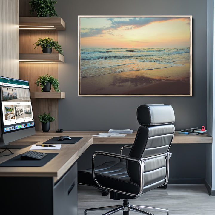 Sunset Seascape Wall Art Canvas Print, Framed Pastel Ocean View Art Picture Print, Tranquil Shoreline Perfect Boho Coastal Decor Artwork
