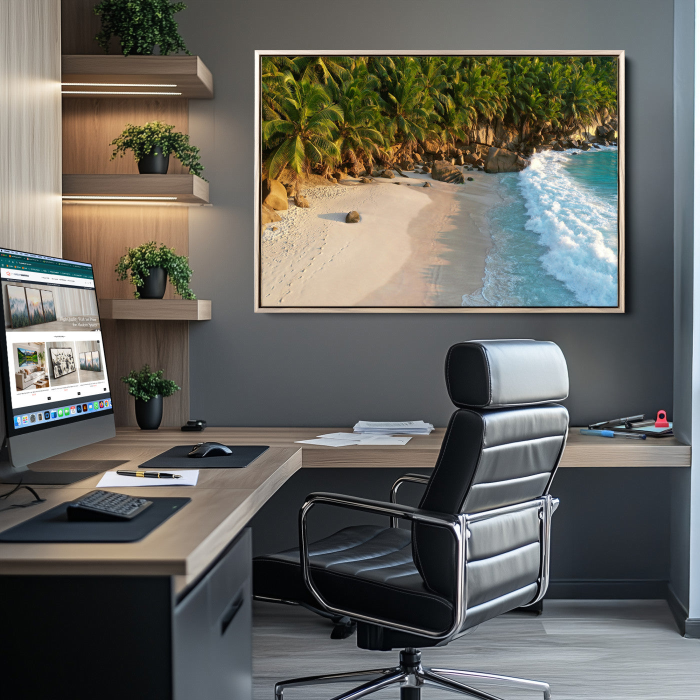 Tropical beach with golden sand, turquoise ocean waves, and lush palm trees, creating a serene coastal paradise for beach-themed decor.