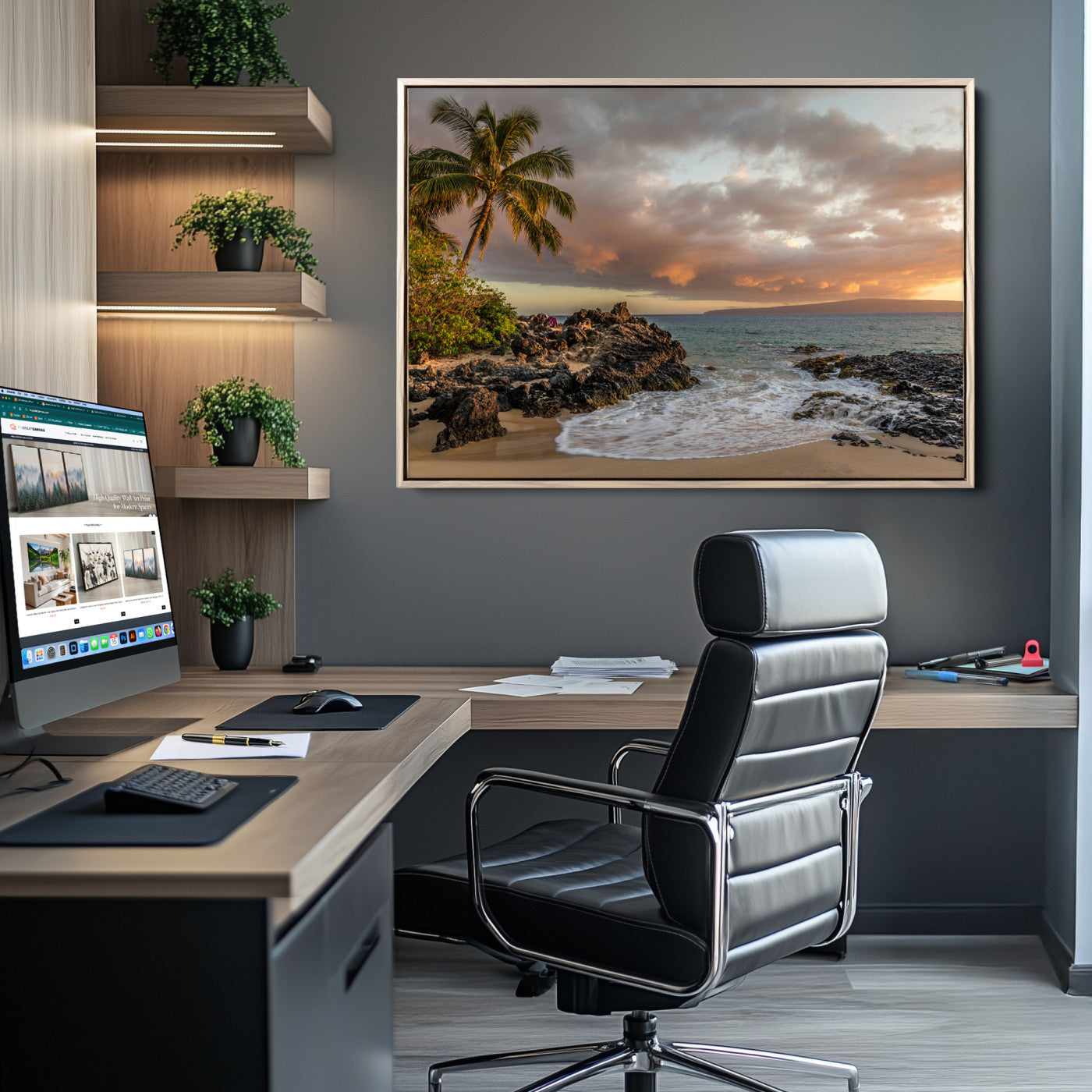 Golden sunset over a tropical beach with palm trees, rocky shoreline, and gentle ocean waves, perfect for coastal and island-inspired decor.