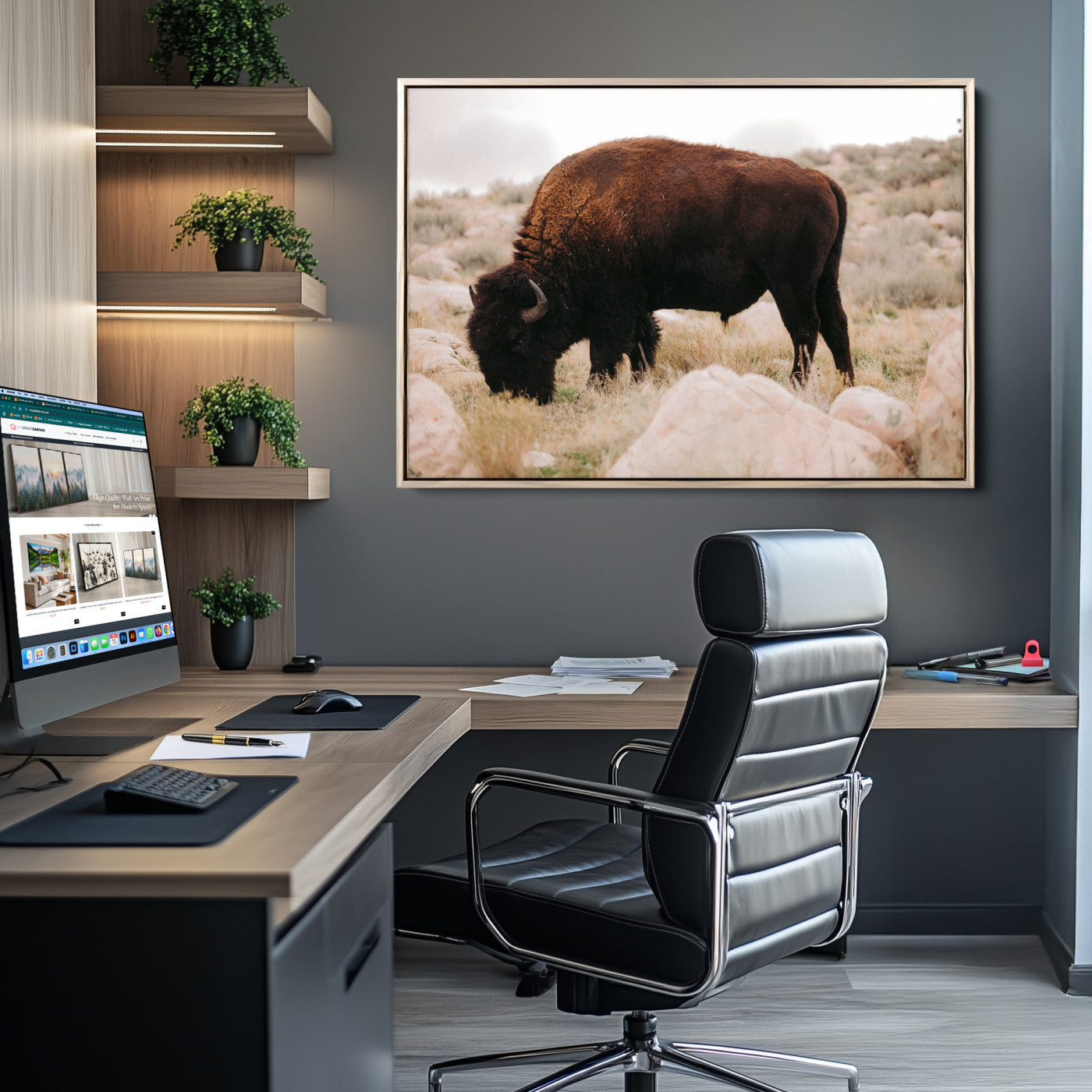 A solitary bison grazing in a rugged prairie with earthy tones and scattered rocks, capturing the essence of the American West for rustic decor.