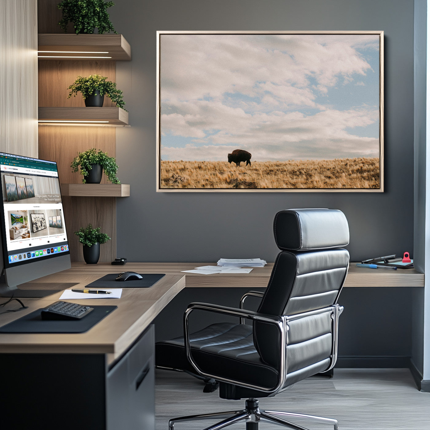 A solitary bison walking across a golden prairie under a vast, cloud-filled sky, evoking a peaceful, rustic western landscape for home decor.