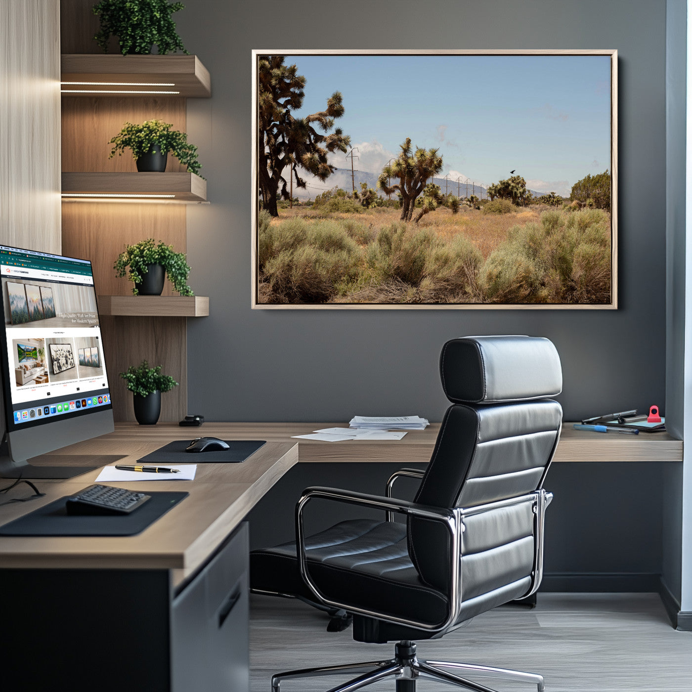 Scenic desert landscape with Joshua trees, dry grass, and distant mountains under a clear blue sky, perfect for southwestern and rustic decor.