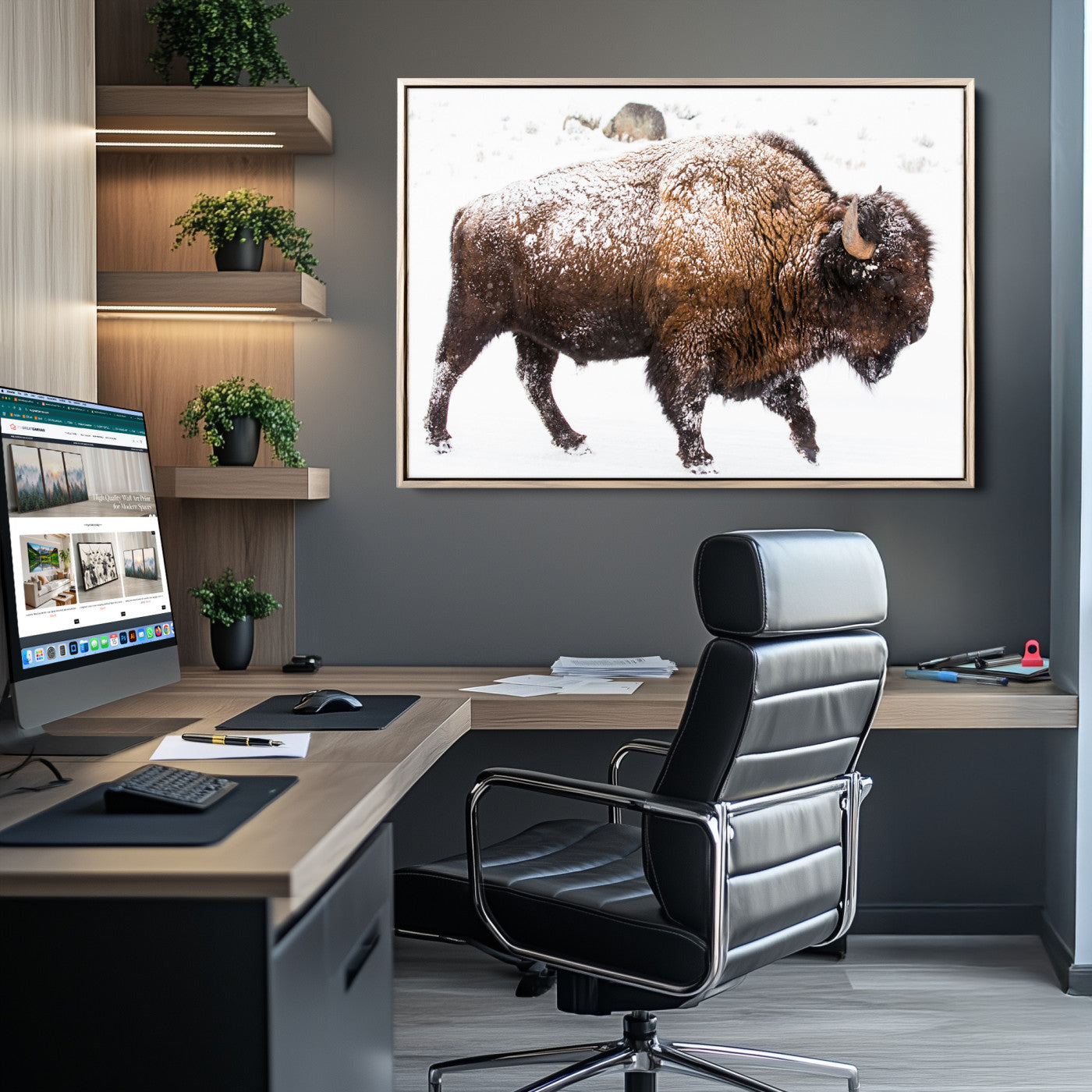 Side profile of a powerful bison walking through deep snow, with frost-covered fur and a white winter background, perfect for rustic and western decor.