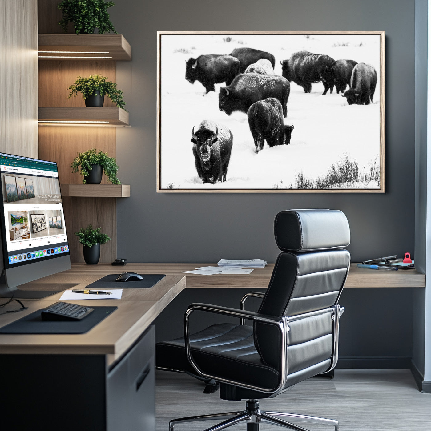 Black and white photograph of a bison herd in a snowy landscape, with snow-covered fur and a rugged wilderness setting, perfect for rustic lodge decor.