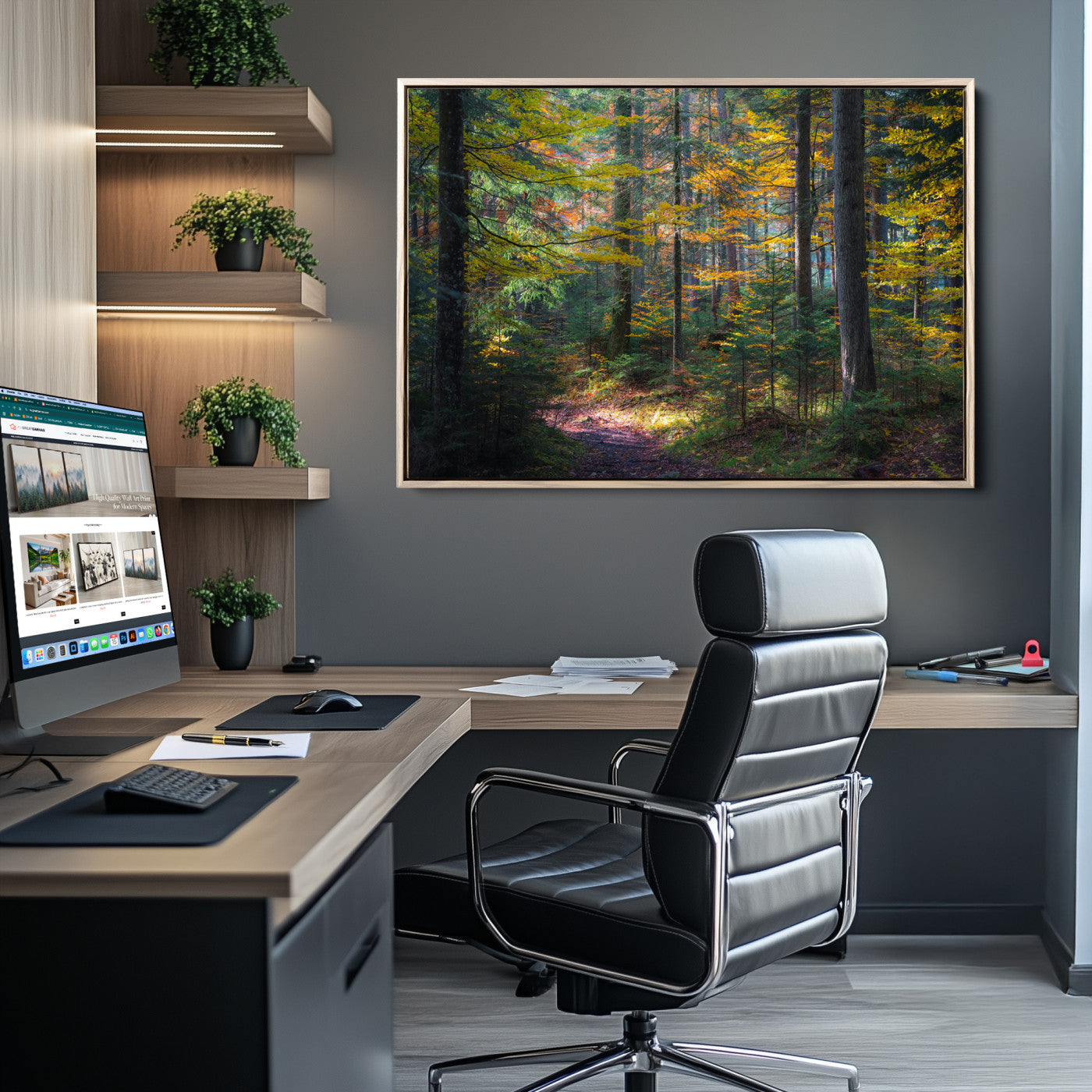 A serene autumn forest with golden and green leaves, a misty atmosphere, and a sunlit pathway, creating a tranquil nature-inspired wall art piece.