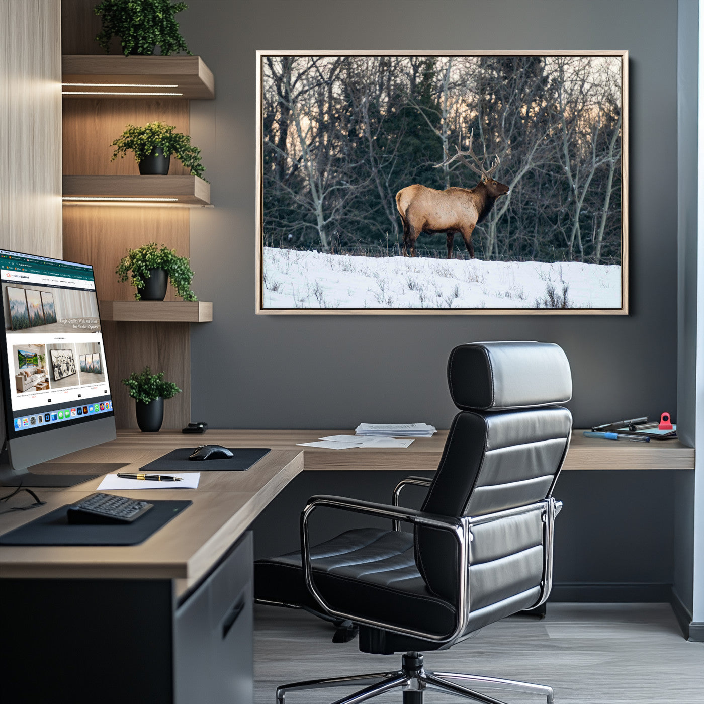 A majestic elk with large antlers standing in a snowy field against a winter forest backdrop, perfect for rustic and wildlife-themed home decor.