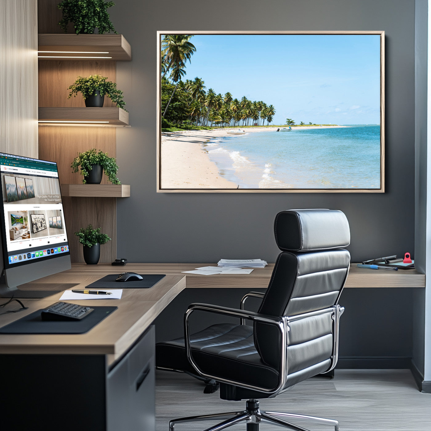 A serene tropical beach with clear blue water, soft sand, and lush palm trees under a bright sky, creating a peaceful island paradise atmosphere.