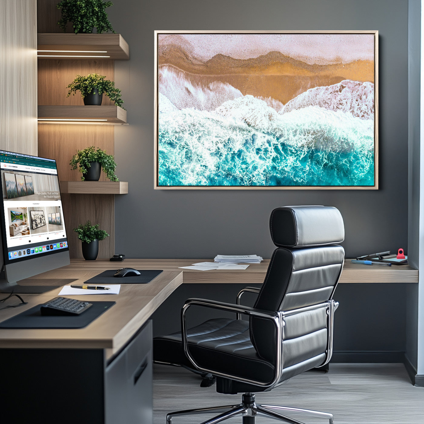 Aerial view of ocean waves crashing onto a sandy beach, with turquoise water and foamy white surf, creating a serene coastal aesthetic for home decor.