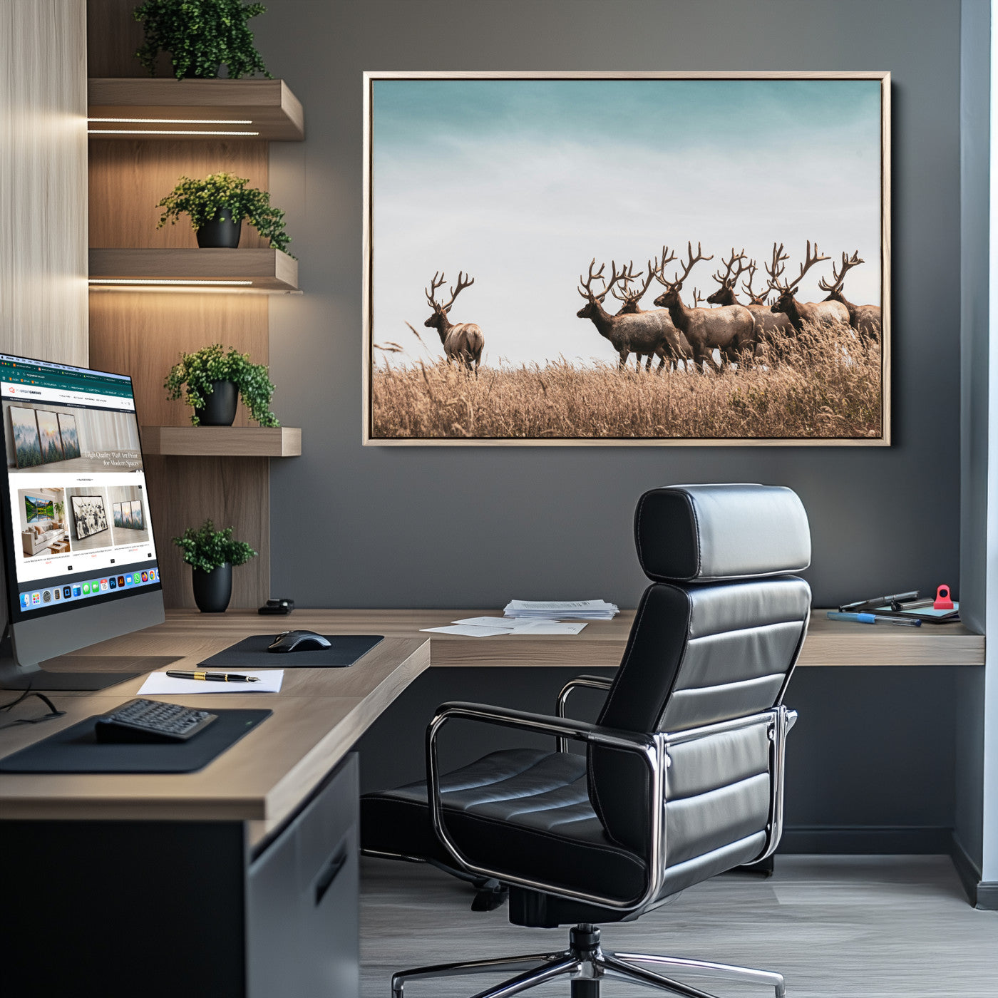Elk Herd Wall Art Canvas, Antler Canvas Print, Framed Wildlife Photography Art Picture Print, Rustic Nature Print Perfect Rustic Wildlife