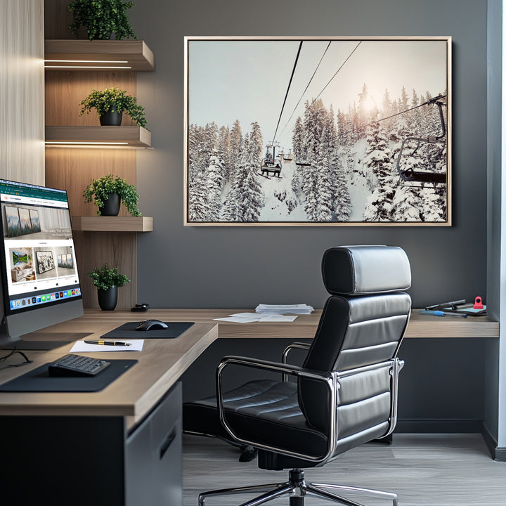Frosty Pines Wall Art Canvas Print, Framed Cozy Cabin View Art Picture Print, Ski Lift Ride Perfect Rustic Lodge Decor Artwork