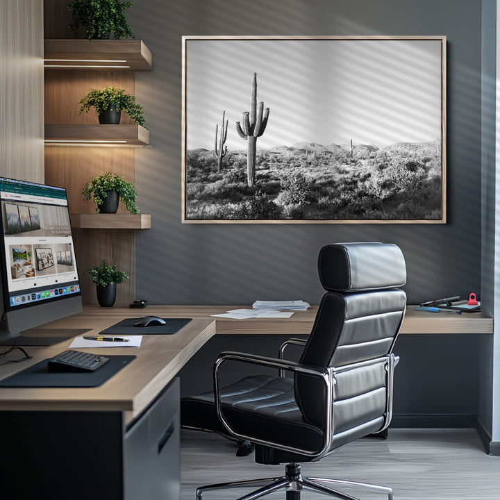 Saguaro Cactus Canvas Print Wall Art , Monochrome Landscape Print, Framed Scenic Arizona Art Print, Large Timeless Western Aesthetic