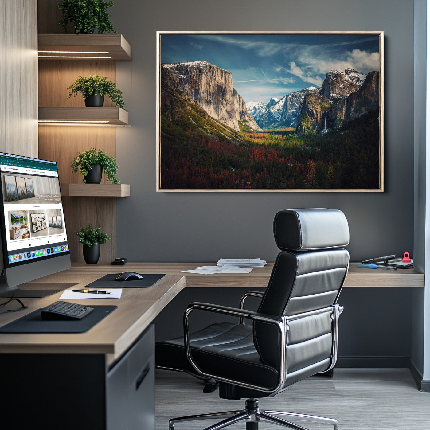 Framed canvas print of Yosemite National Park, featuring El Capitan and a scenic waterfall, ideal for rustic farmhouse or adventure-themed home decor.