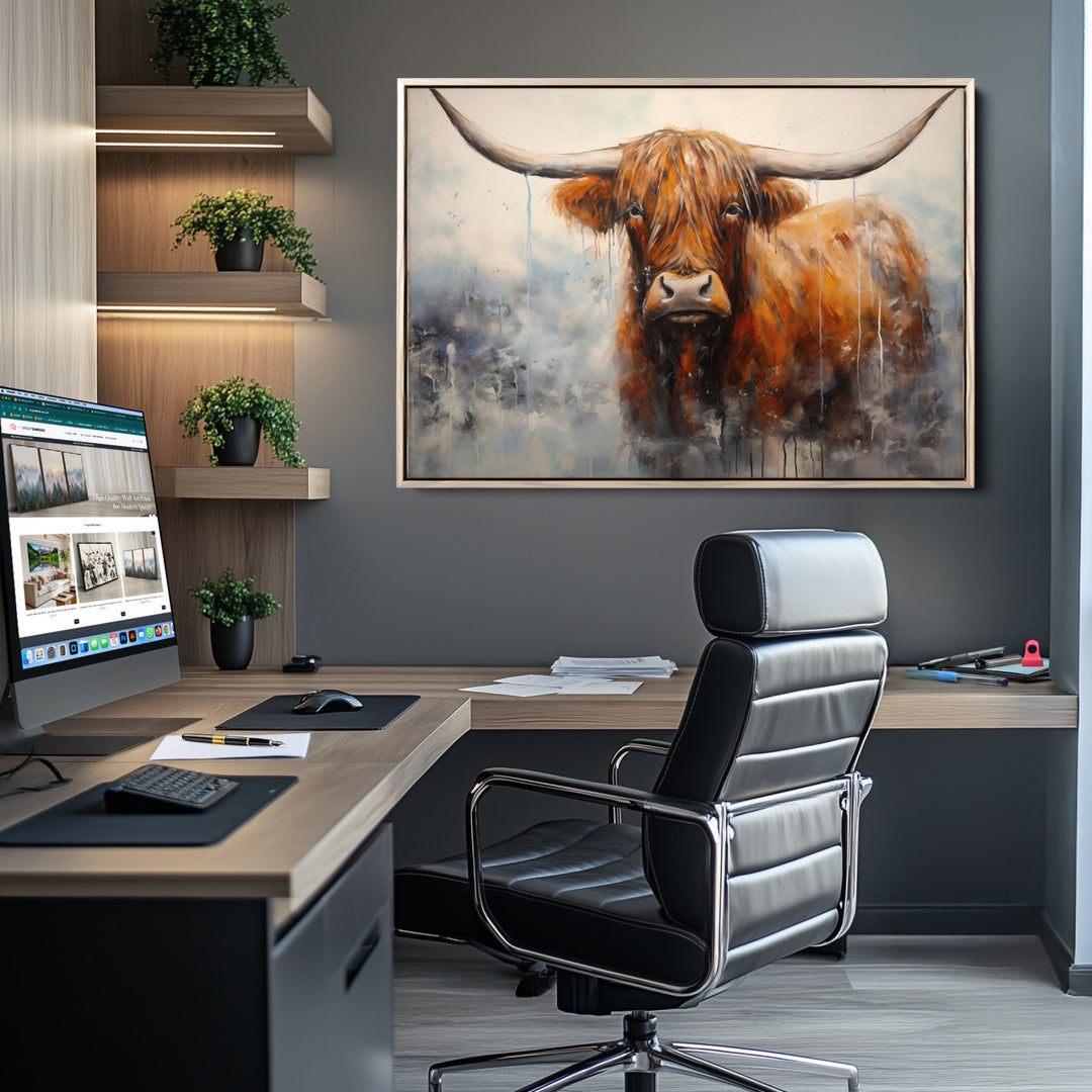 Scottish Highland Wall Art Canvas Print, Framed Longhorn Art Picture Print, Western Cow Perfect Farmhouse Decor Artwork