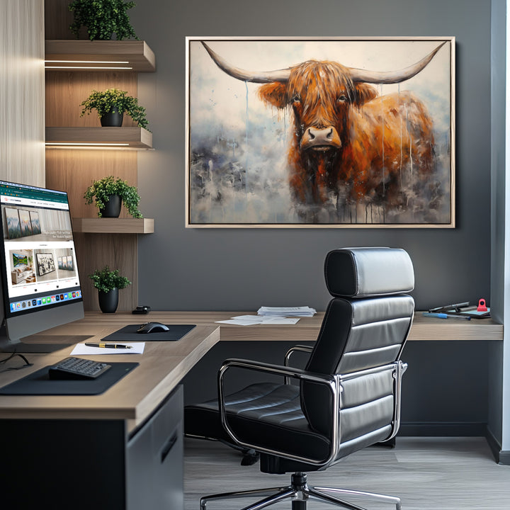 Scottish Highland Wall Art Canvas Print, Framed Longhorn Art Picture Print, Western Cow Perfect Farmhouse Decor Artwork