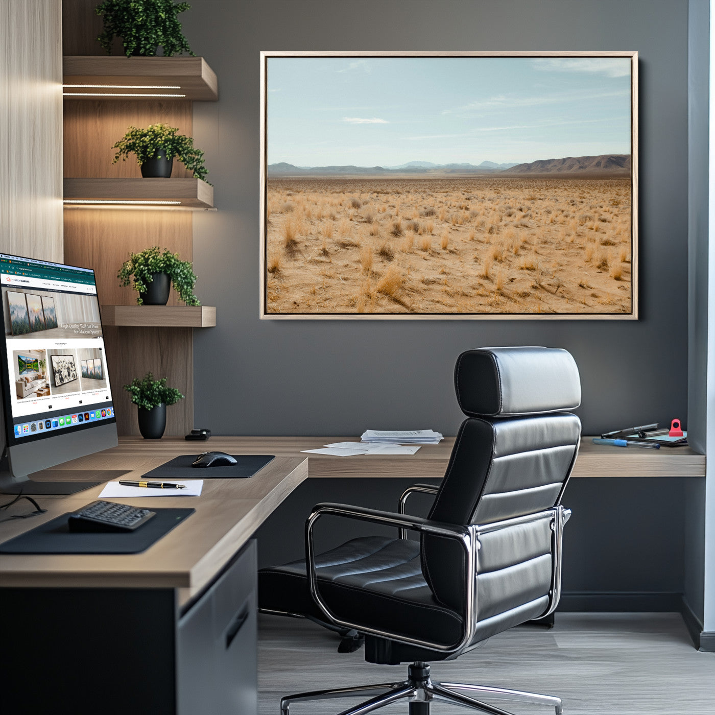 Expansive desert landscape with scattered dry grass and distant mountain range under a pale blue sky – Wall Art Canvas Print.