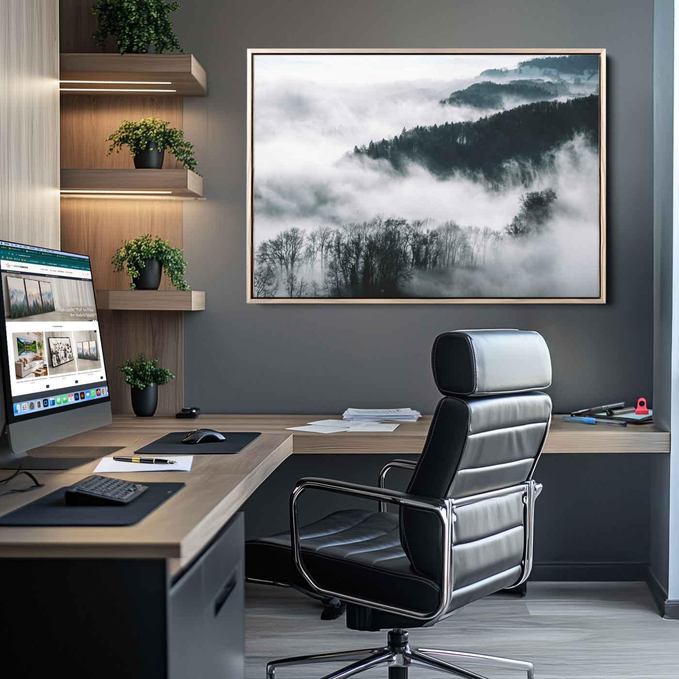 67569654-MGV-CV-36X24-Foggy Forest Landscape Wall Art Canvas Print – Misty Mountain Valley Scene in Monochrome Tones, Perfect for Minimalist or Nordic Home Decor