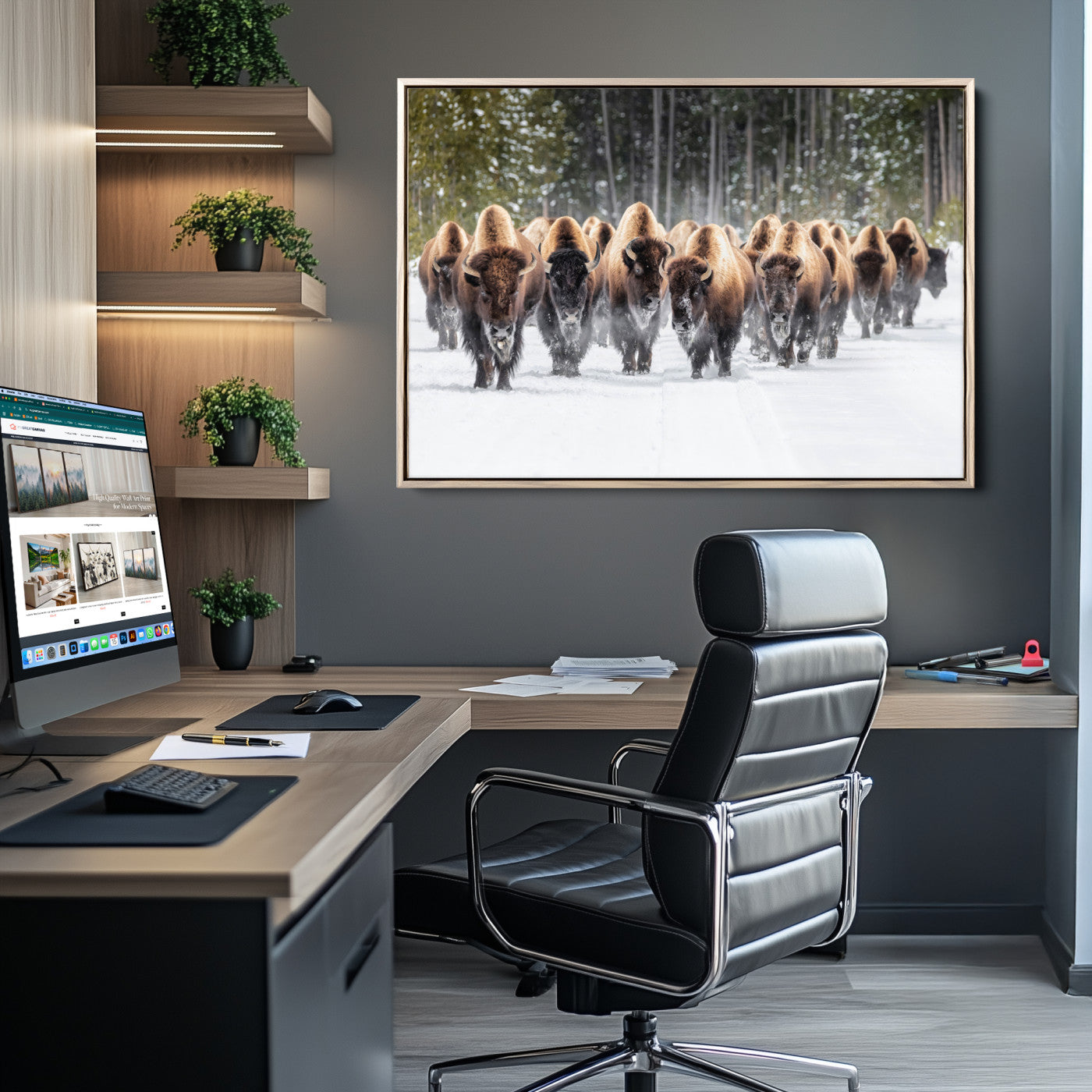 American Bison Herd in Snow Wall Art Canvas Print – Powerful Winter Wildlife Scene with Buffalo in Motion, Perfect for Rustic Lodge or Western Cabin Decor