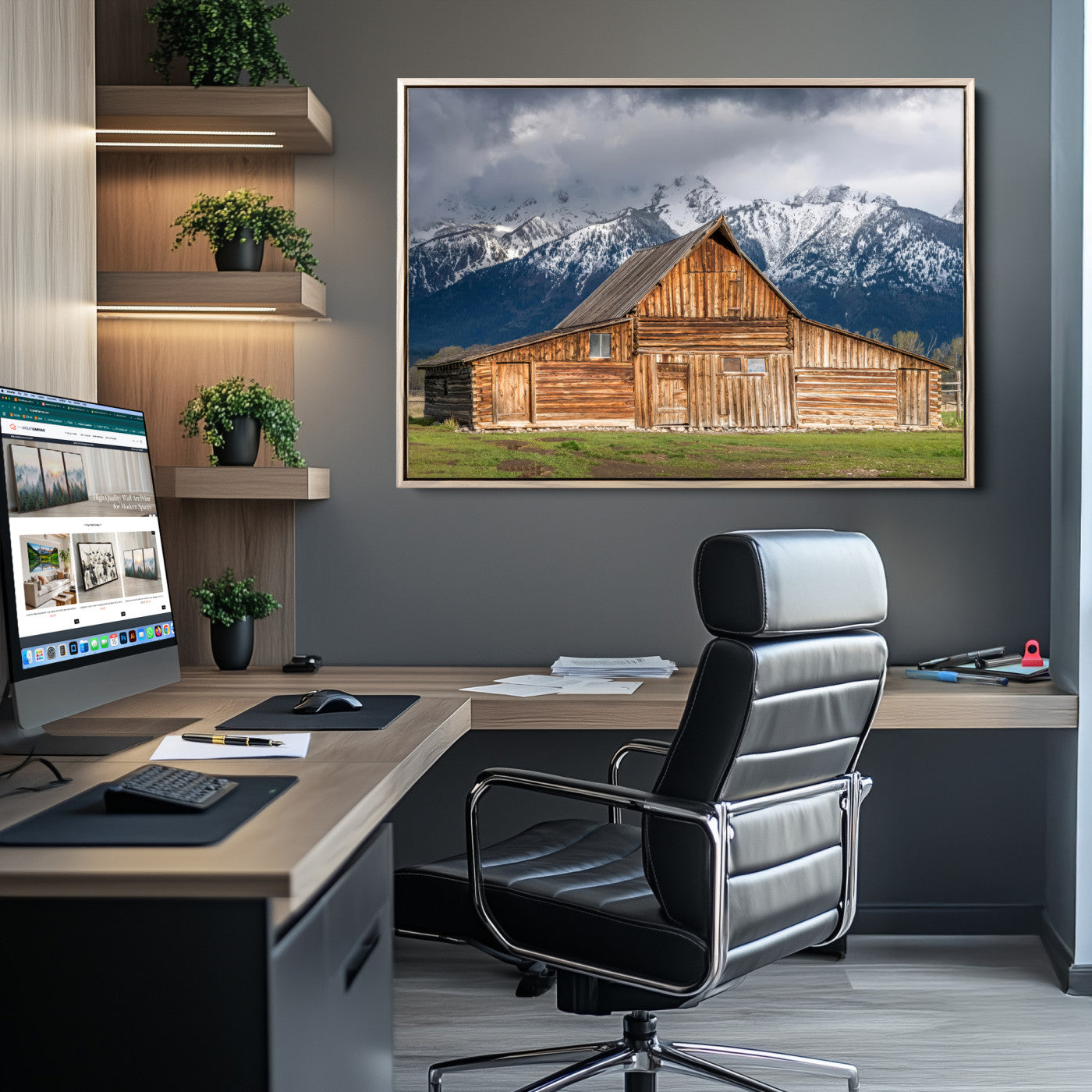 A stunning wall art canvas print featuring a rustic wooden barn set against a backdrop of snow-capped mountains under a dramatic cloudy sky, perfect for adding a touch of rural charm to any space.
