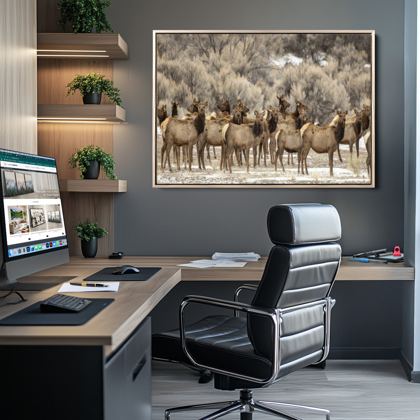 A stunning wall art canvas print featuring a large herd of elk standing together in a natural winter landscape with muted earthy tones and soft background foliage, perfect for rustic or nature-inspired home decor.