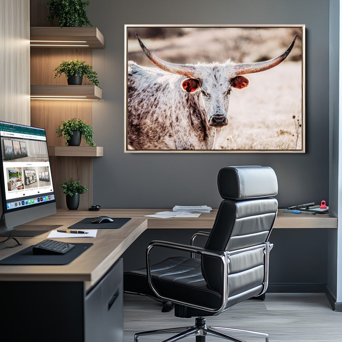 Majestic Texas Longhorn Bull Wall Art Canvas Print, Rustic Farmhouse Animal Portrait