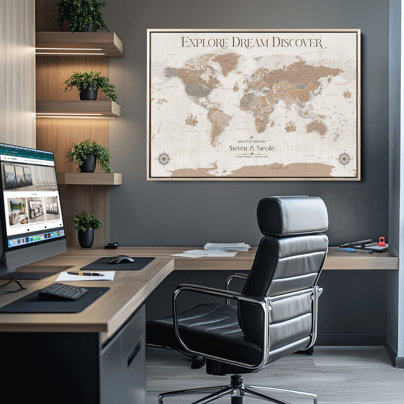 95738134-MGV-CV-36X24-Custom Push Pin World Map Wall Canvas Print – Personalized Travel Tracker with Pins – Framed Large Multi-Size Canvas for Home Office Decor