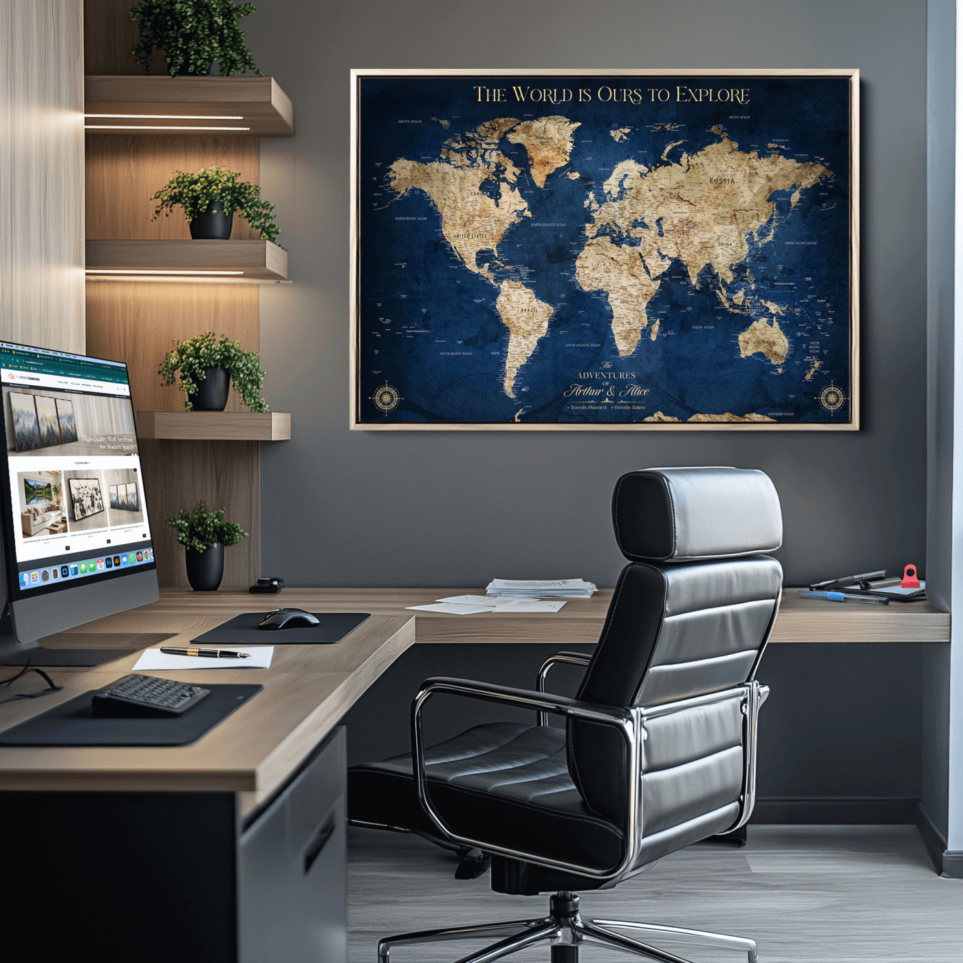 10181149-MGV-CV-36X24-Custom Push Pin World Map Wall Canvas Print – Personalized Travel Tracker with Pins – Framed Large Multi-Size Canvas for Home Office Decor