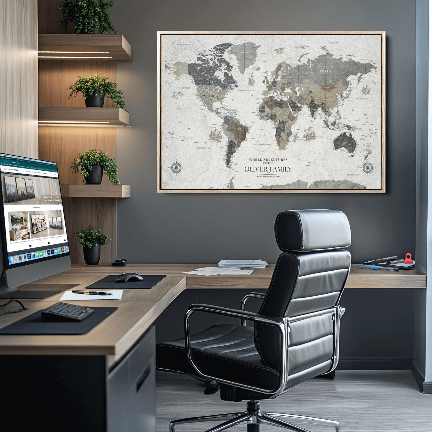24596128-MGV-CV-36X24-Custom Push Pin World Map Wall Canvas Print – Personalized Travel Tracker with Pins – Framed Large Multi-Size Canvas for Home Office Decor