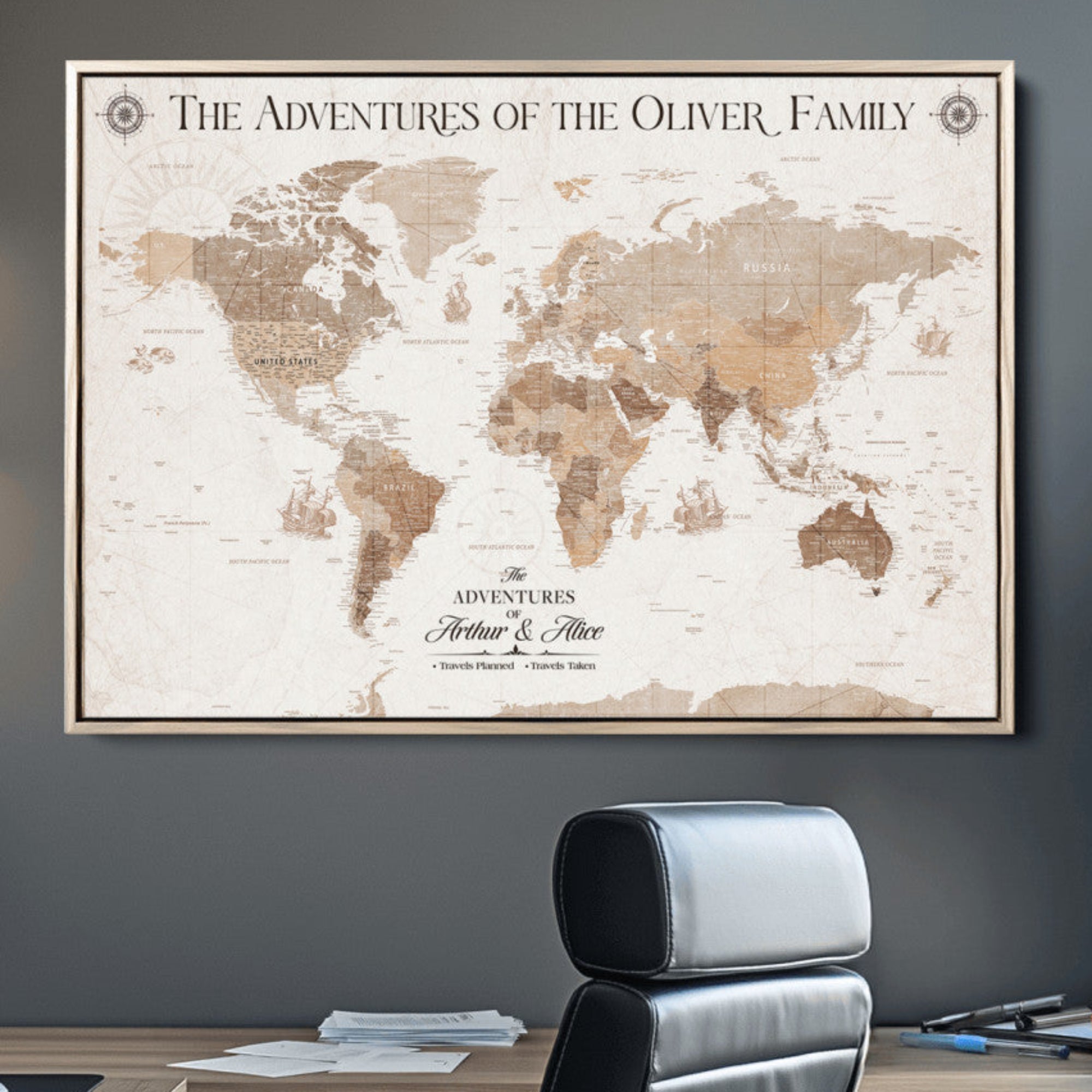 -Personalized Push Pin World Map Canvas – Custom Framed Travel Tracker Wall Art, Large Adventure Map with Pins for Home, Office