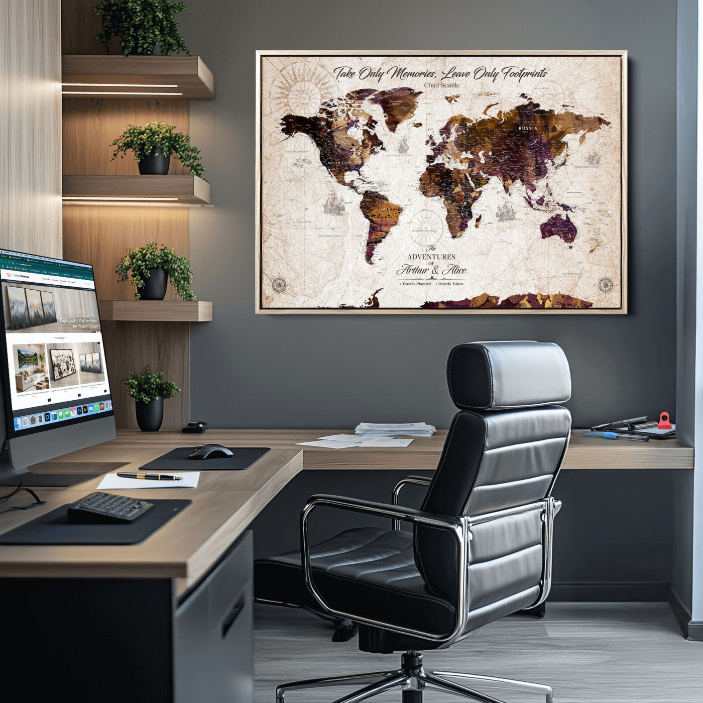 64869039-MGV-CV-36X24-Custom Push Pin World Map Wall Canvas Print – Personalized Travel Tracker with Pins – Framed Large Multi-Size Canvas for Home Office Decor